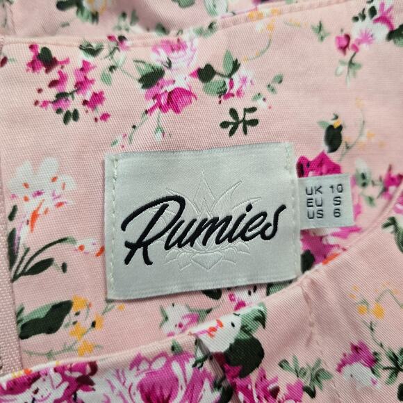 Rummies Dress Women's 6 Pink Floral Mini Short Cap Sleeve Tie Round Neck Zipper - Picture 4 of 16